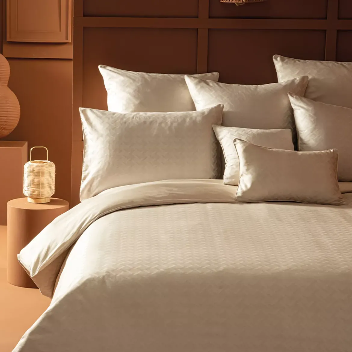 Housse de couette satin de coton motif jacquard beige Adagio lin