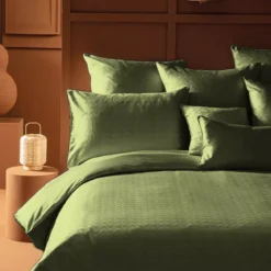 Housse de couette satin de coton motif jacquard vert Adagio kaki