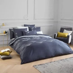 Housse de couette satin de coton brodé bleu Pistil bleu nuit