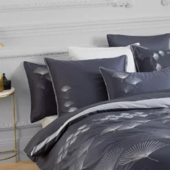 Housse de couette satin de coton brodé bleu Pistil bleu nuit