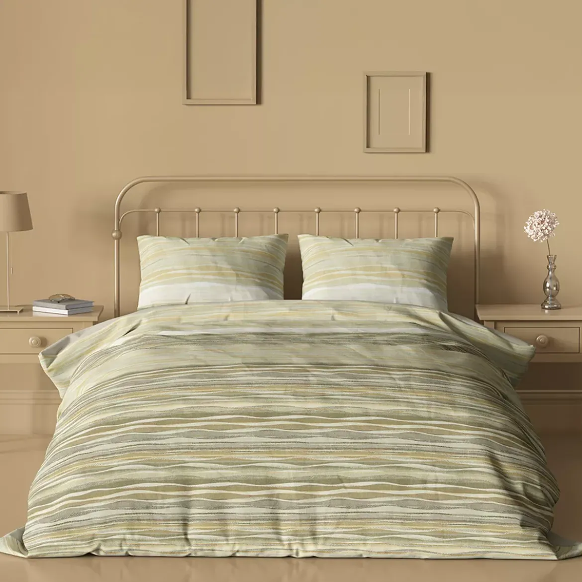 Housse de couette satin de coton imprimé ecru jaune Strates limoni