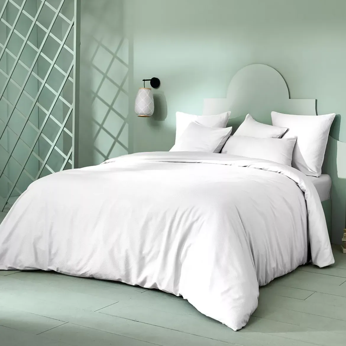 Housse de couette satin de coton motif jacquard blanc Vibrato blanc
