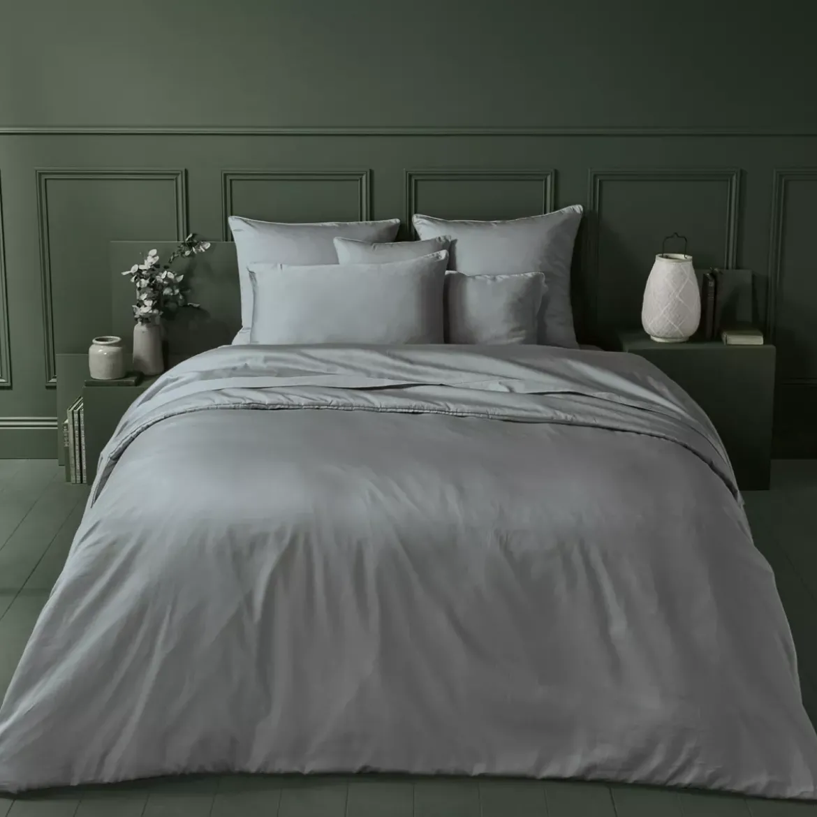 Housse de couette satin de coton uni gris Ava uni souris