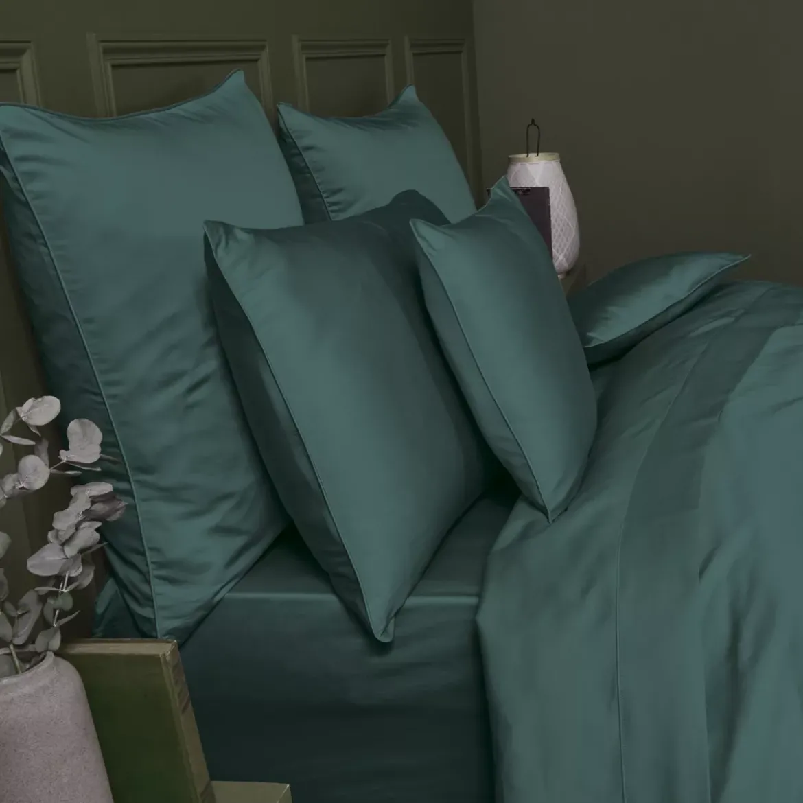 Housse de couette satin de coton uni vert Ava uni canard