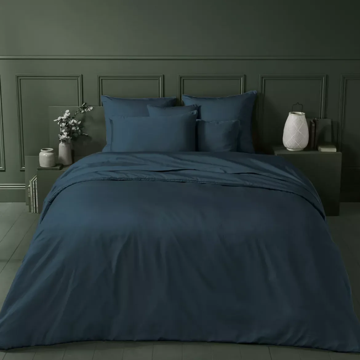 Housse de couette satin de coton uni bleu Ava uni bleu nuit