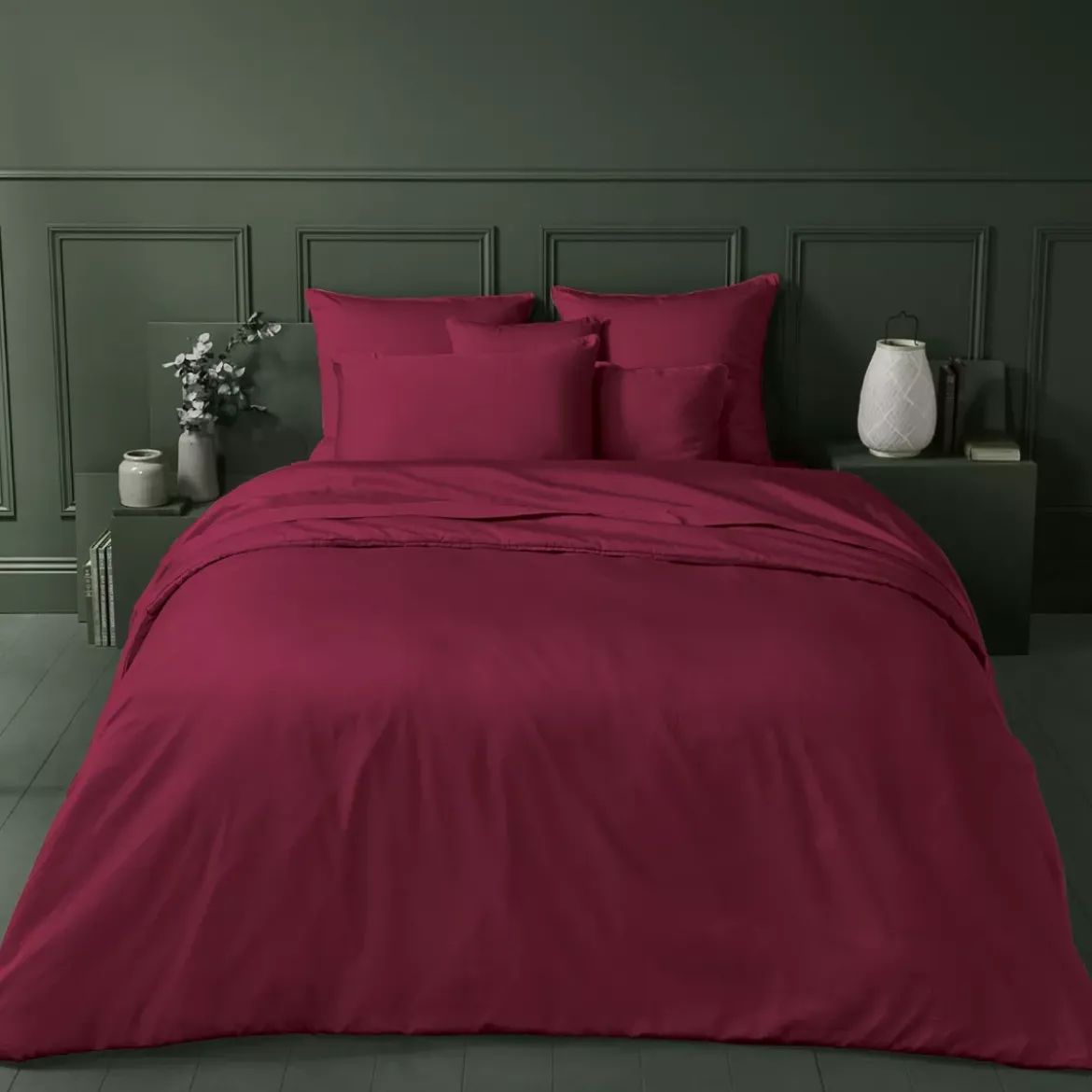 Housse de couette satin de coton uni rouge Ava uni dahlia