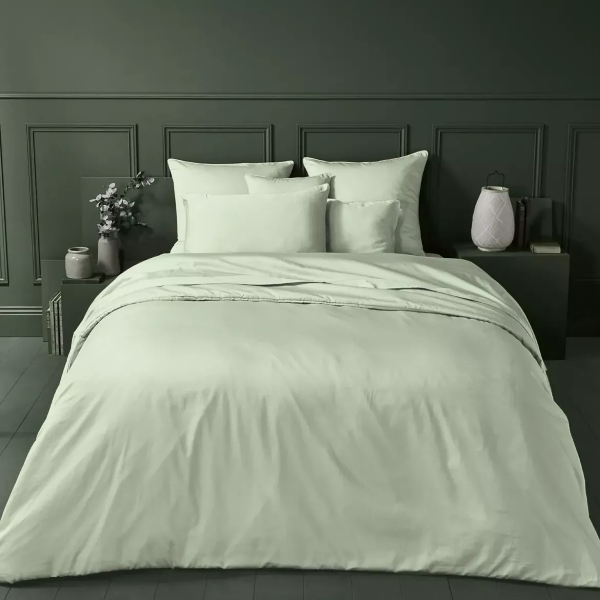Housse de couette satin de coton uni vert Ava uni vert d'eau