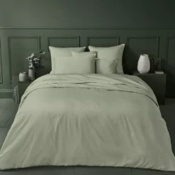Housse de couette satin de coton uni vert Ava uni lichen
