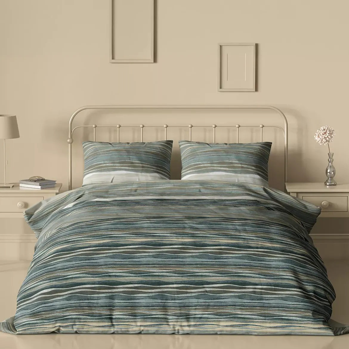 Housse de couette satin de coton imprimé vert bleu Strates ecume