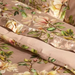 Housse de couette satin de coton imprimé rose Magnolias rose fume