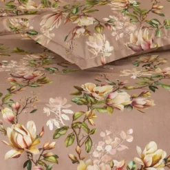Housse de couette satin de coton imprimé rose Magnolias rose fume