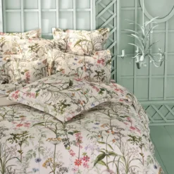 Housse de couette satin de coton imprimé rose beige vert Prairie legere beige