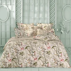 Housse de couette satin de coton imprimé rose beige vert Prairie legere beige