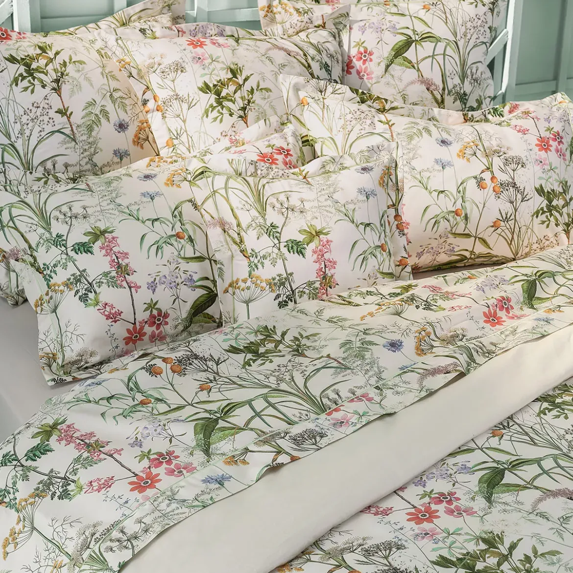Housse de couette satin de coton imprimé rose beige vert Prairie legere beige