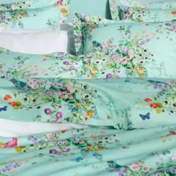 Housse de couette satin de coton 115 g/m² imprimé bleu vert Le printemps azur