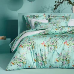 Housse de couette satin de coton 115 g/m² imprimé bleu vert Le printemps azur