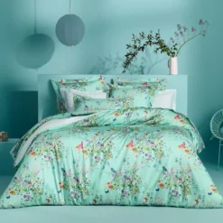 Housse de couette satin de coton 115 g/m² imprimé bleu vert Le printemps azur
