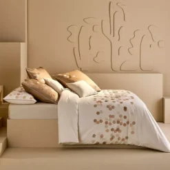 Housse de couette satin de coton brodé beige Hexagones angora