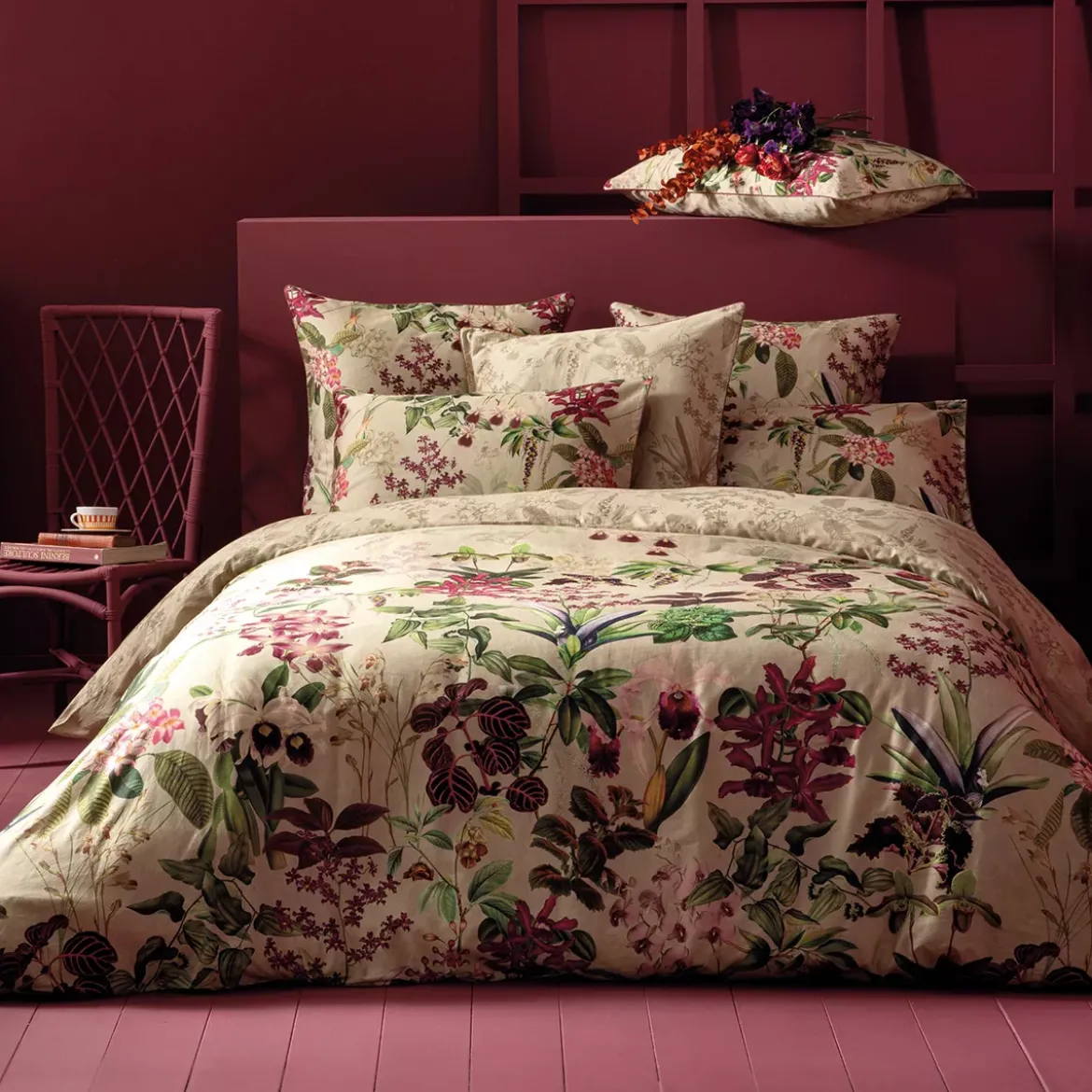 Housse de couette satin de coton imprimé rose beige vert Parfum d'orchidee grege