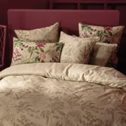 Housse de couette satin de coton imprimé rose beige vert Parfum d'orchidee grege