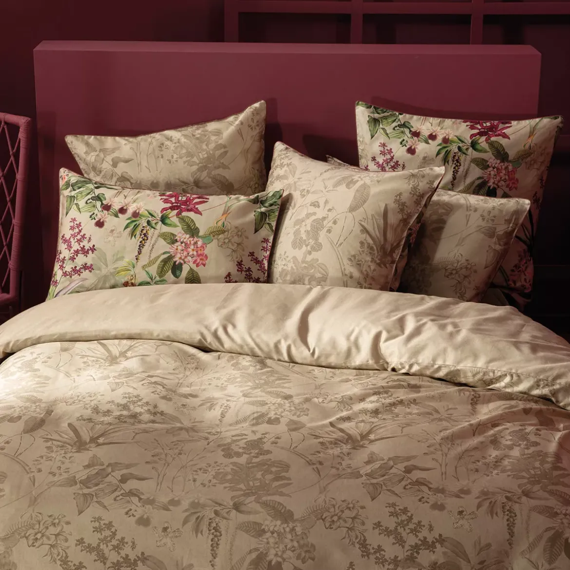 Housse de couette satin de coton imprimé rose beige vert Parfum d'orchidee grege
