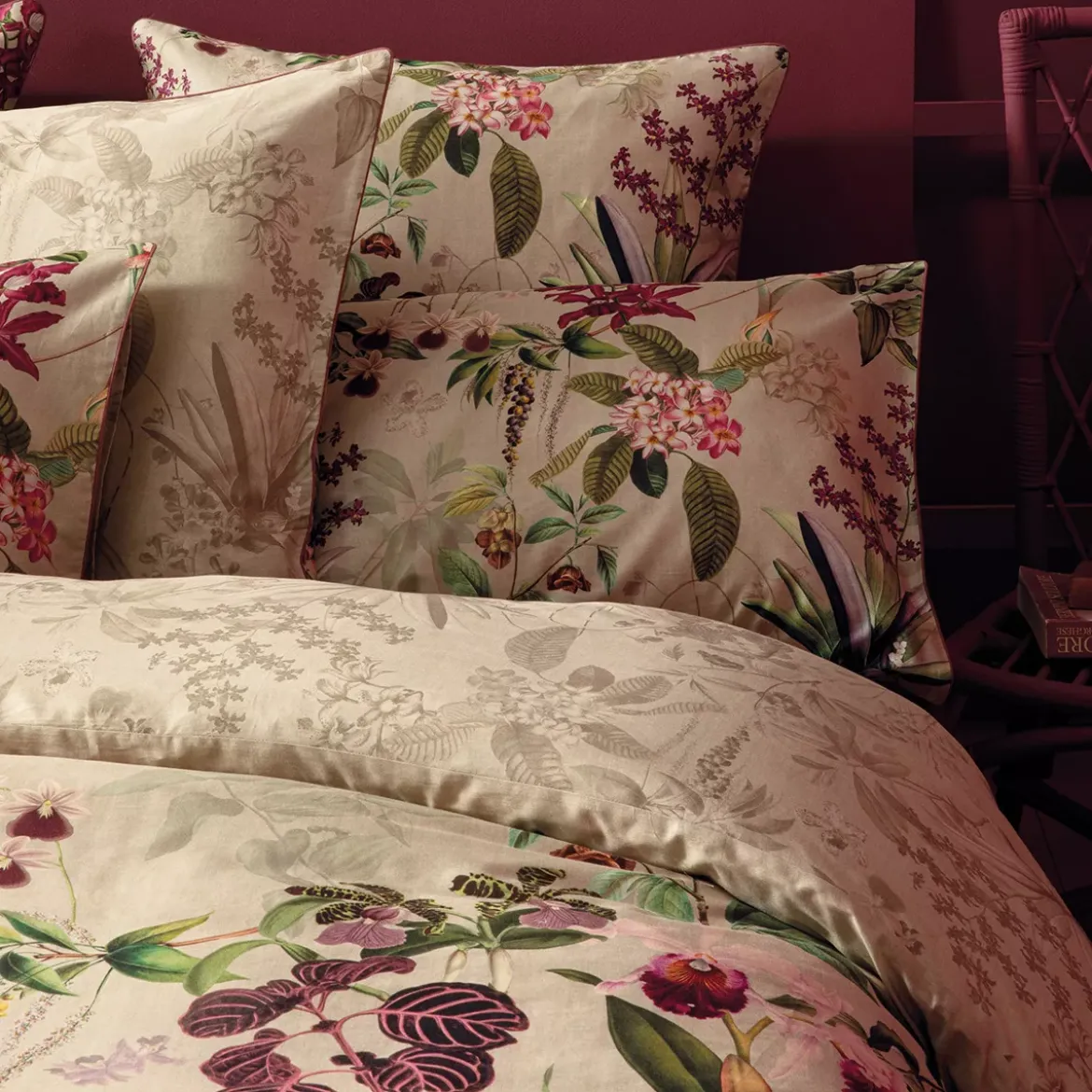 Housse de couette satin de coton imprimé rose beige vert Parfum d'orchidee grege