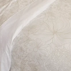Housse de couette satin de coton imprimé blanc beige Flower power white