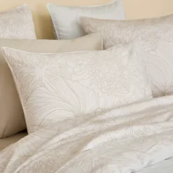 Housse de couette satin de coton imprimé blanc beige Flower power white