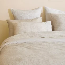 Housse de couette satin de coton imprimé blanc beige Flower power white
