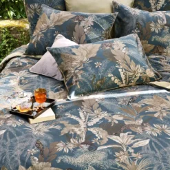 Housse de couette satin de coton imprimé bleu marron Rainforest bleu dore