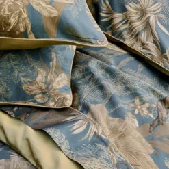 Housse de couette satin de coton imprimé bleu marron Rainforest bleu dore