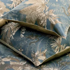 Housse de couette satin de coton imprimé bleu marron Rainforest bleu dore