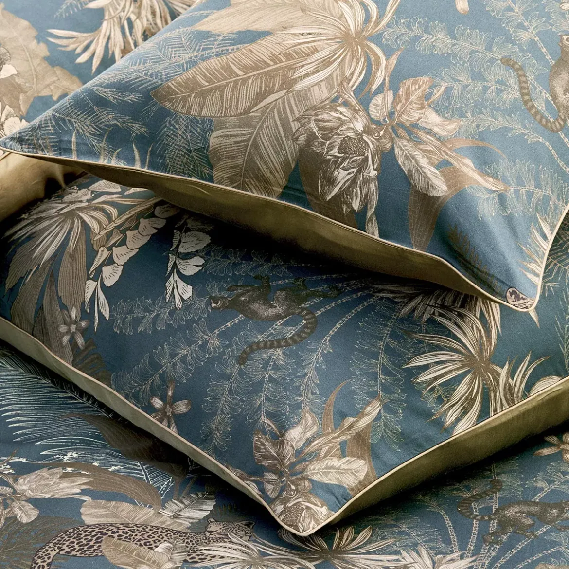 Housse de couette satin de coton imprimé bleu marron Rainforest bleu dore
