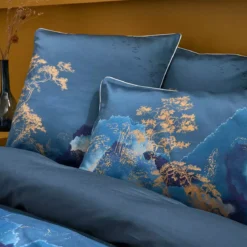 Housse de couette satin de coton imprimé bleu or Fuji nocturne