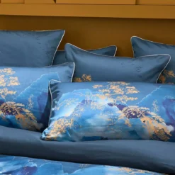 Housse de couette satin de coton imprimé bleu or Fuji nocturne