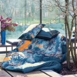 Housse de couette satin de coton imprimé bleu or Fuji nocturne