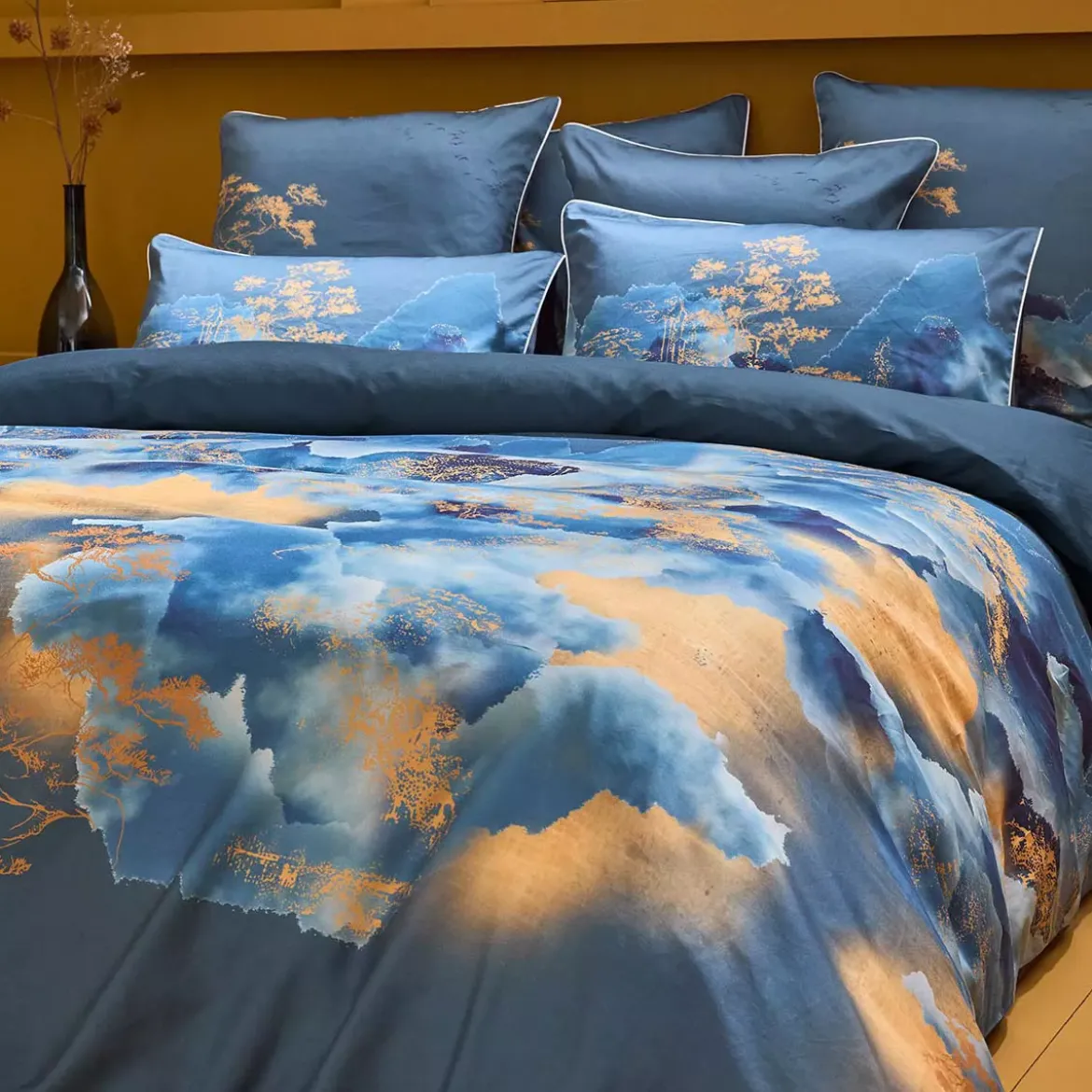Housse de couette satin de coton imprimé bleu or Fuji nocturne