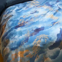 Housse de couette satin de coton imprimé bleu or Fuji nocturne