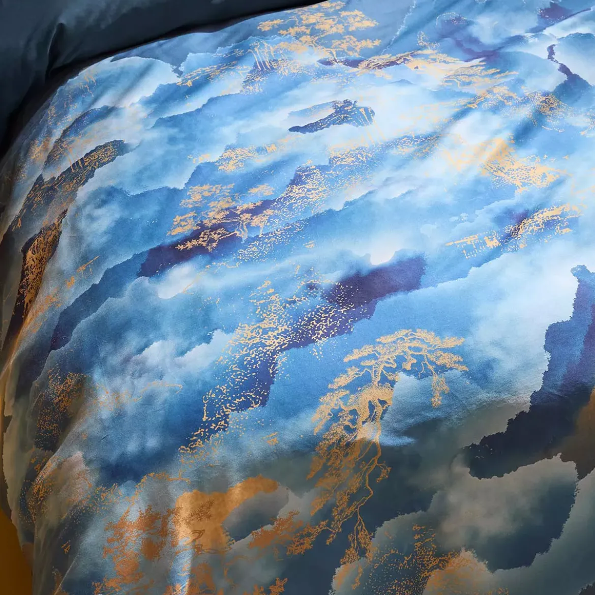 Housse de couette satin de coton imprimé bleu or Fuji nocturne