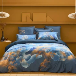 Housse de couette satin de coton imprimé bleu or Fuji nocturne