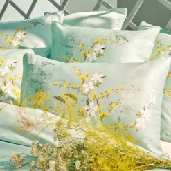 Housse de couette satin de coton imprimé bleu Mimosas d'ete turquoise