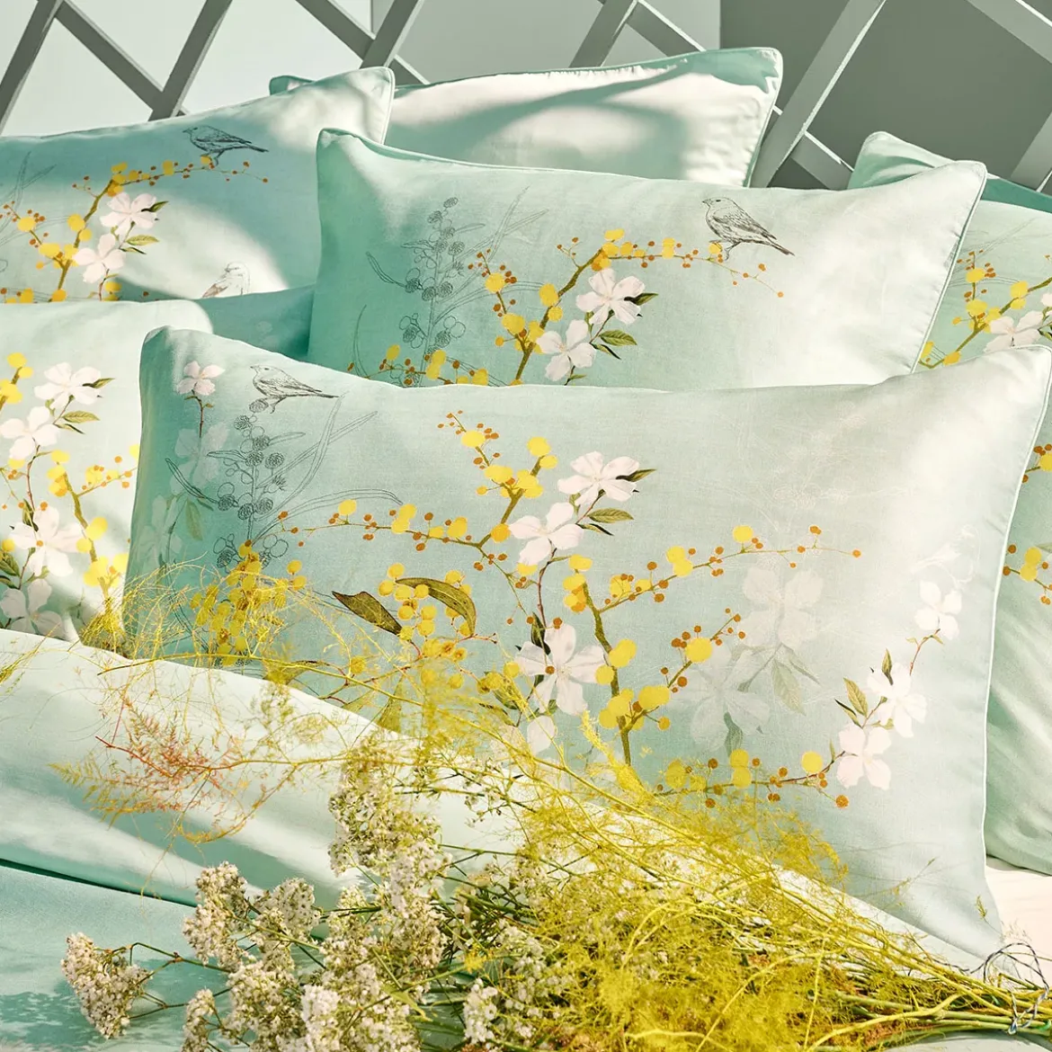 Housse de couette satin de coton imprimé bleu Mimosas d'ete turquoise