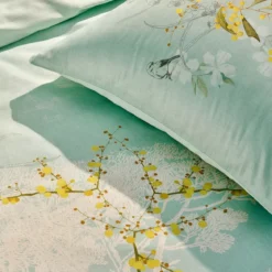 Housse de couette satin de coton imprimé bleu Mimosas d'ete turquoise