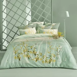 Housse de couette satin de coton imprimé bleu Mimosas d'ete turquoise