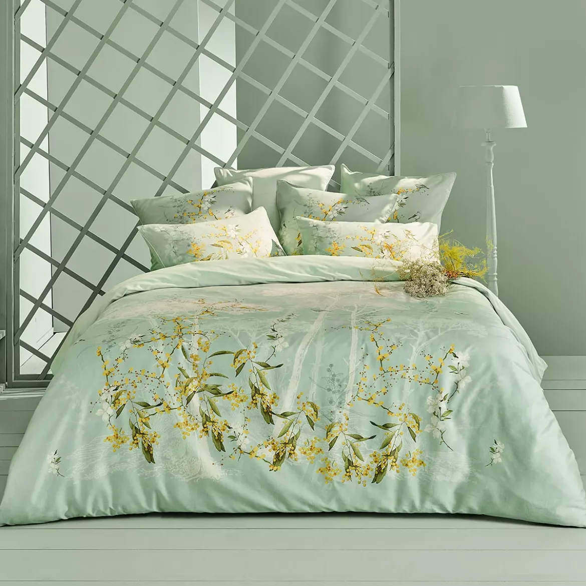 Housse de couette satin de coton imprimé bleu Mimosas d'ete turquoise