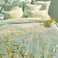 Housse de couette satin de coton imprimé bleu Mimosas d'ete turquoise