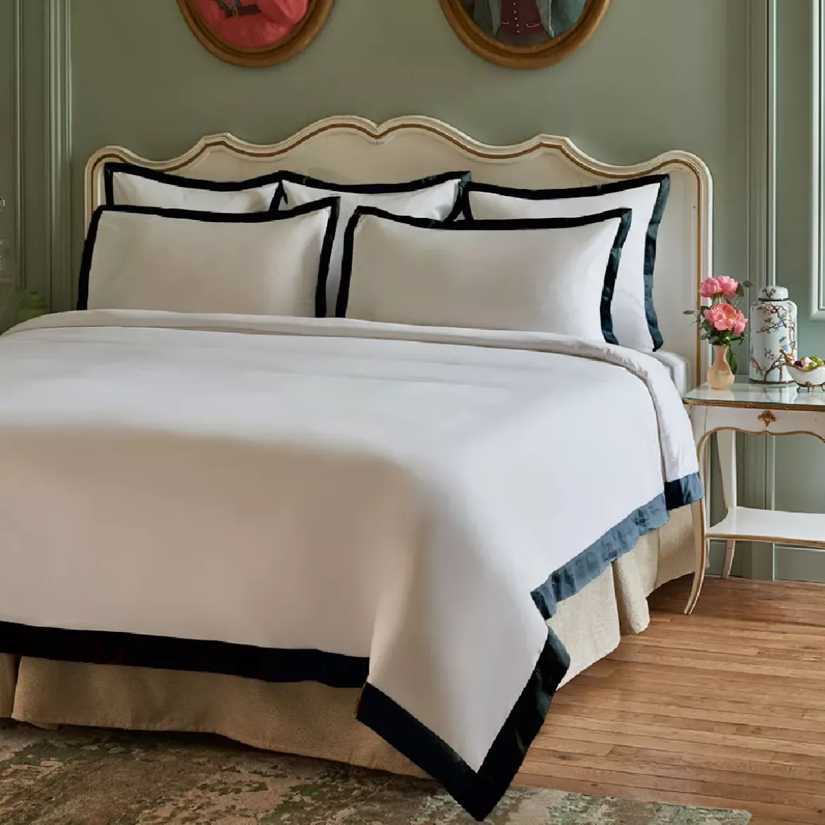 Housse de couette satin de coton jeu d'unis blanc Suite heritage bleu