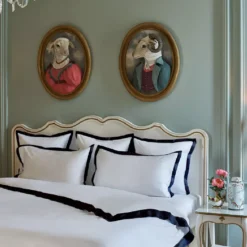 Housse de couette satin de coton jeu d'unis blanc Suite heritage bleu