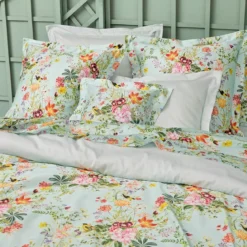 Housse de couette satin de coton 115 g/m² imprimé multicolore Primavera vert d'eau