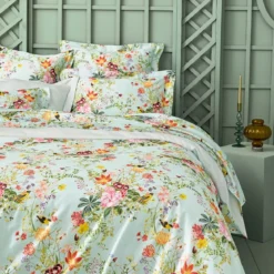 Housse de couette satin de coton 115 g/m² imprimé multicolore Primavera vert d'eau